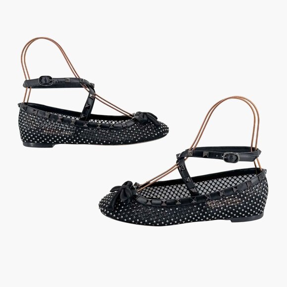 Valentino Garavani Rockstud Mesh Crystal Ballet Flats Black Size 37.5 US 7.5 - Picture 7 of 15
